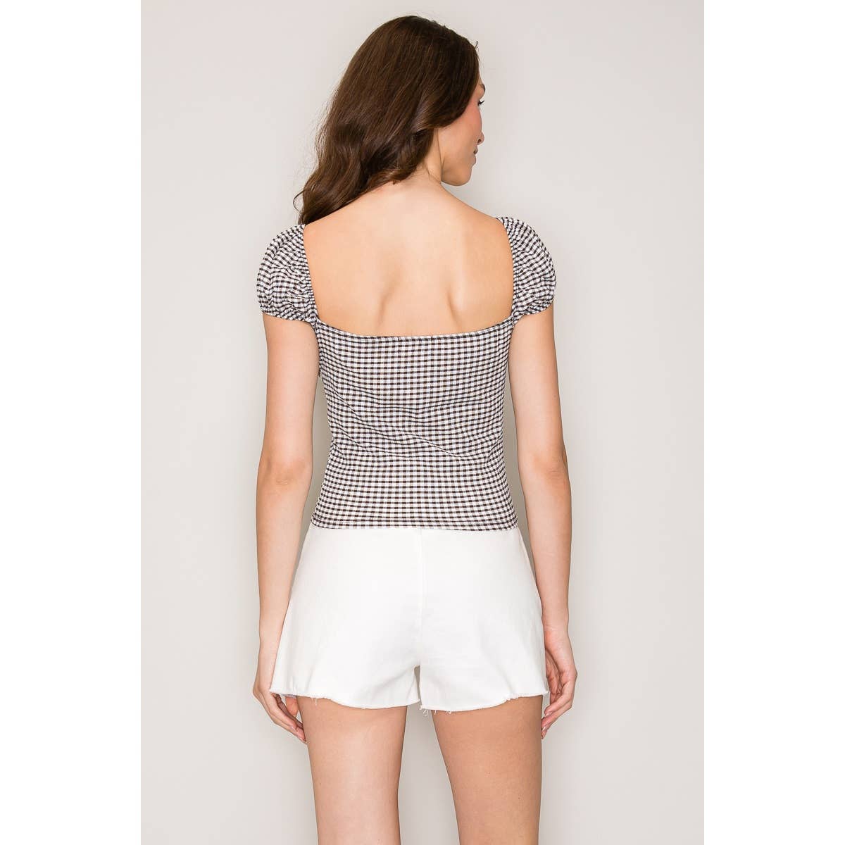 Gingham Seersucker Top with Puff Sleeves