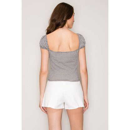 Gingham Seersucker Top with Puff Sleeves