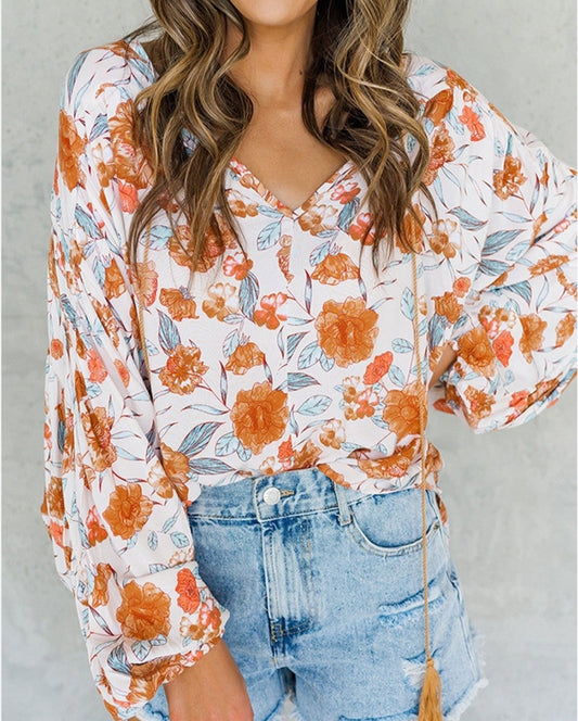 White with Orange Peasant Blouse