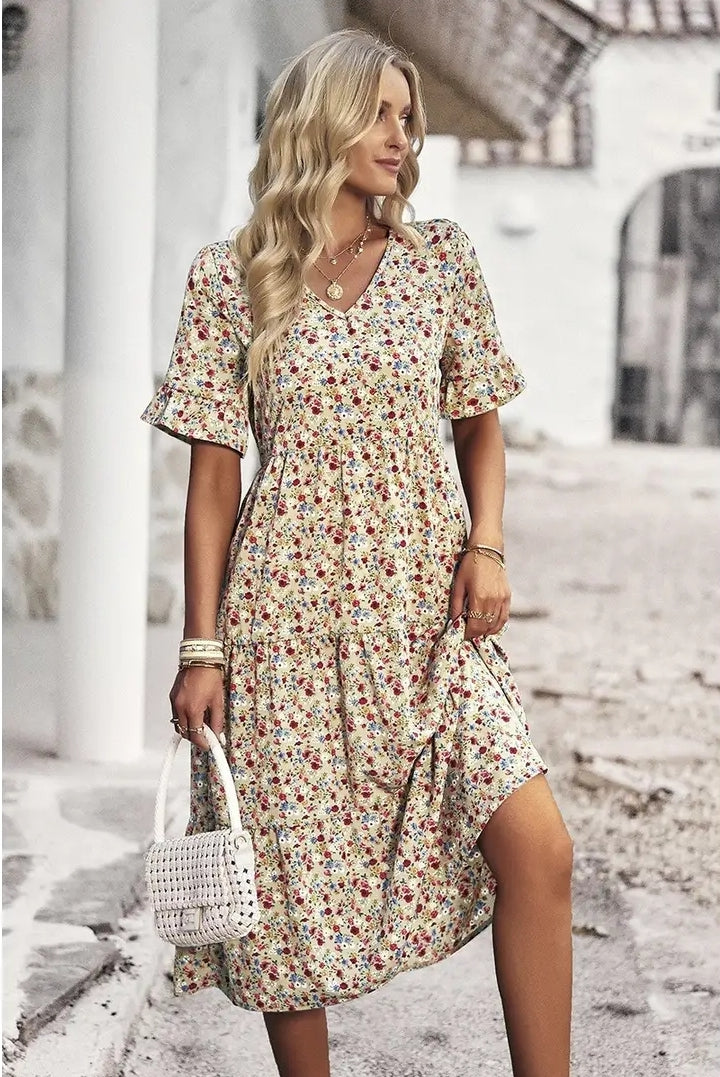 Beige Floral Midi Dress
