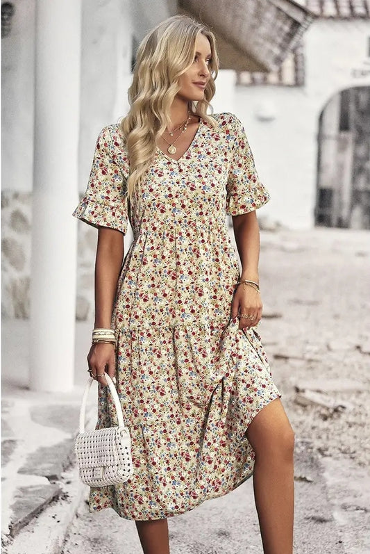 Beige Floral Midi Dress