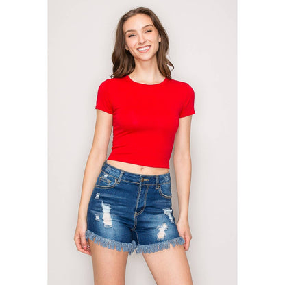 Short Sleeve Crew Neck Cotton Knit Cropped Top