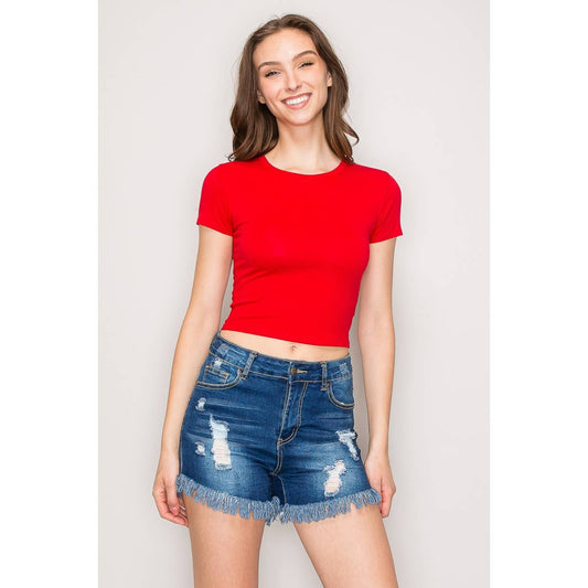 Short Sleeve Crew Neck Cotton Knit Cropped Top